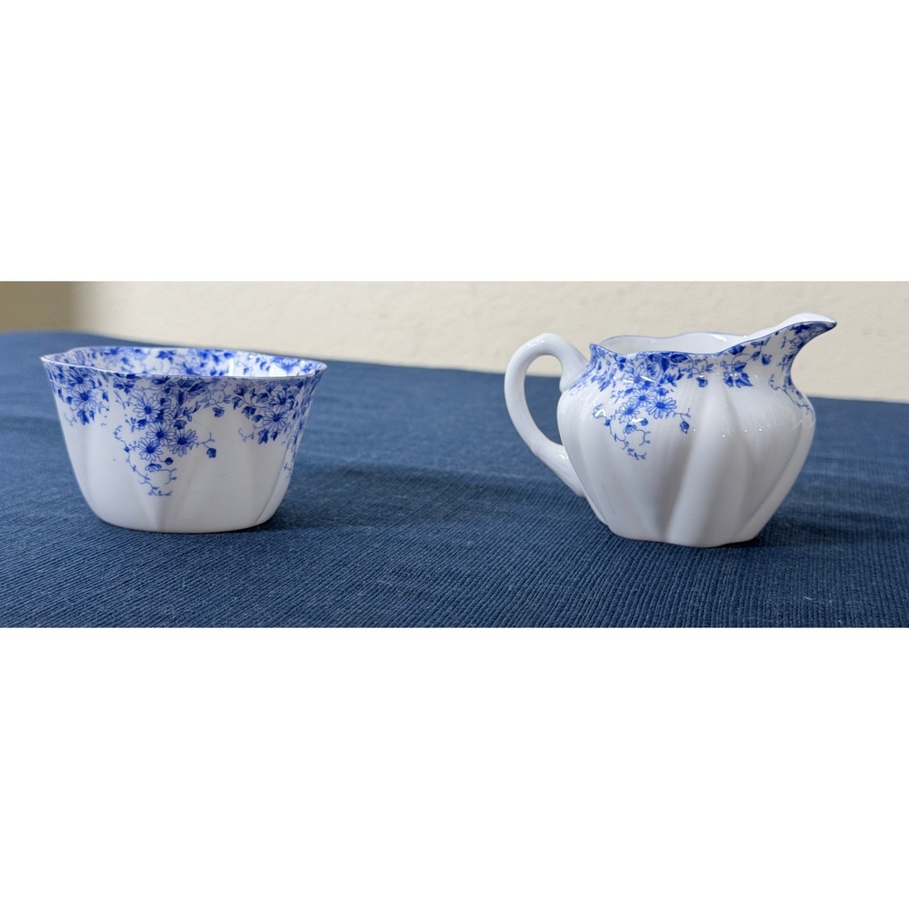 Shelley Dainty Blue Floral Creamer Sugar Set Fine Bone China England Cottagecore